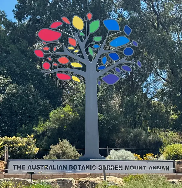 Metal tree sculpture with colourful leaves stands in front of a sign reading “The Australian Botanic Garden Mount Annan,” surrounded by greenery and plants—just moments away from premium homesites and exciting new land release opportunities in Campbelltown.