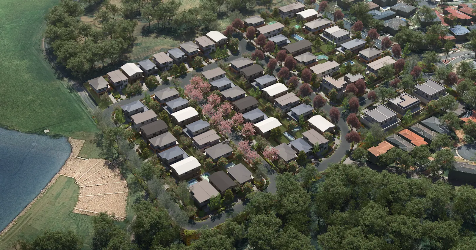 Aerial view of a modern residential neighbourhood with uniform houses, tree-lined streets, and surrounding greenery, showcasing premium homesites typical of recent land release Cambelltown developments.