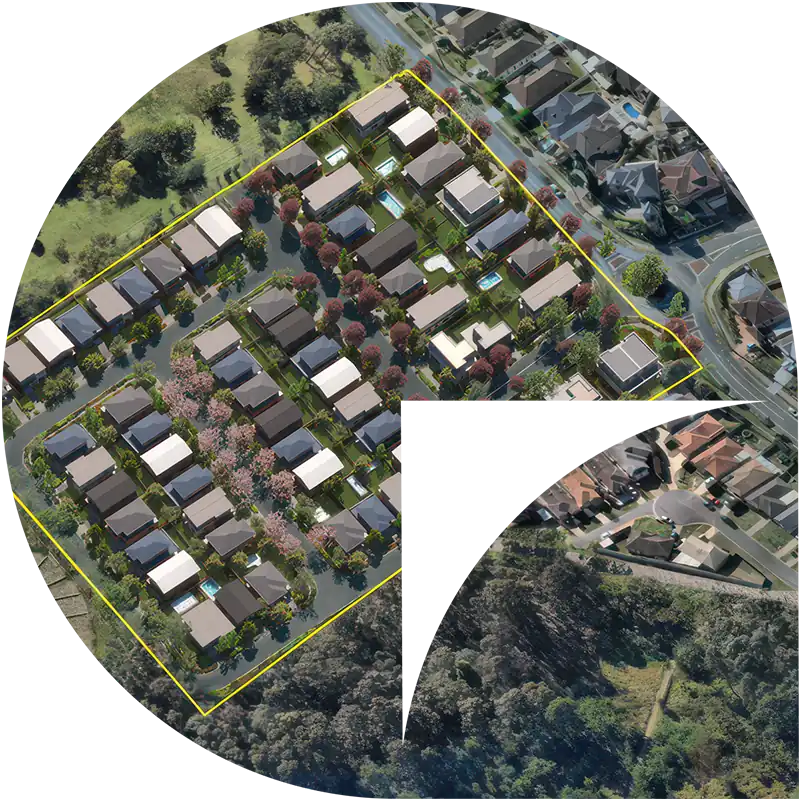 Aerial view of a suburban neighbourhood divided by a circular frame, with one section cut out to reveal houses, roads, and green spaces—showcasing the appeal of Sydney homesites and highlighting the latest land release Campbelltown opportunities.