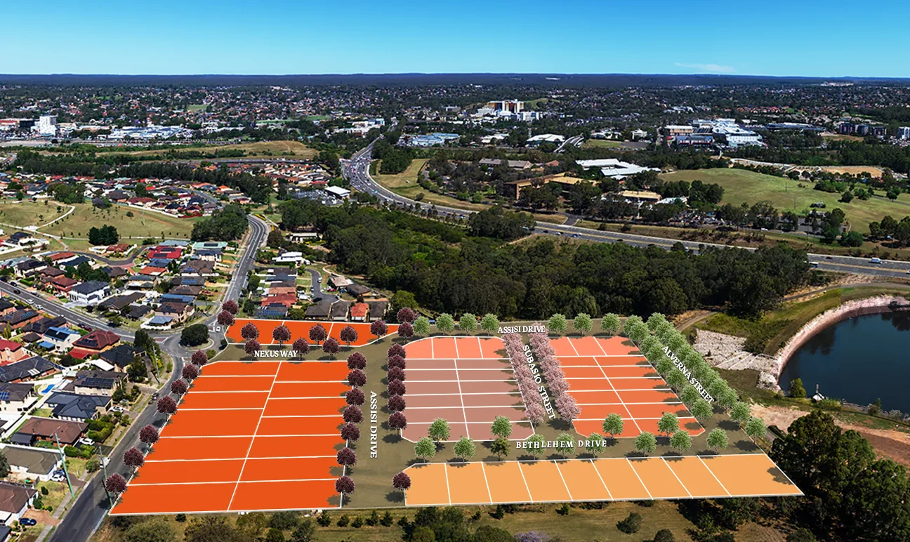 Aerial view of a suburban area with outlined residential plots, labelled streets, greenery, and a pond—a prime showcase of Campbelltown land for sale—set against dual carriageways in the background under a clear sky.