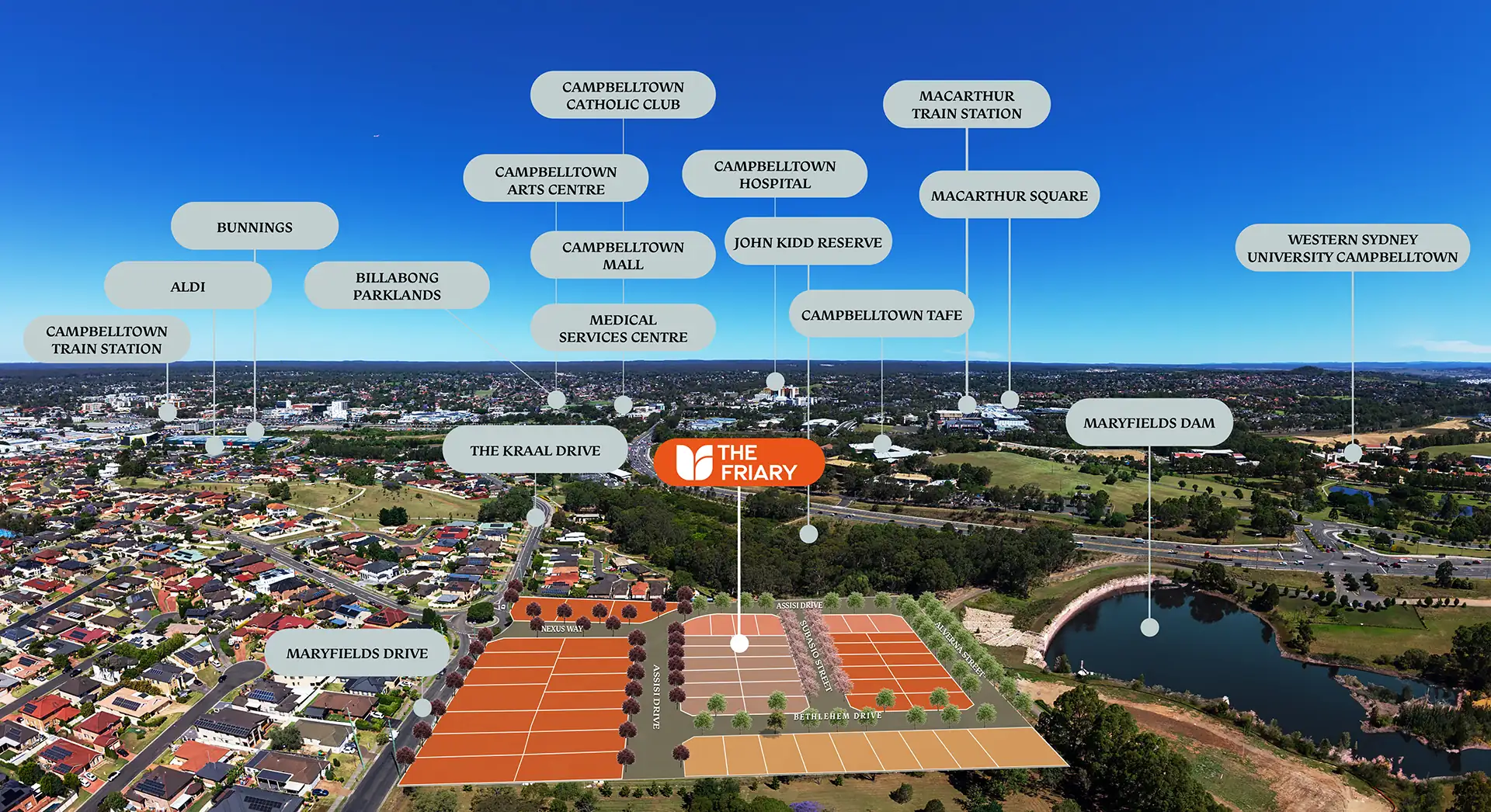 Aerial view of a residential development site labelled “The Friary,” featuring premium homesites, with nearby landmarks and facilities identified by floating text labels.