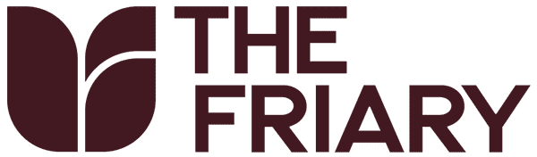 Logo with a maroon abstract leaf design next to the words “THE FRIARY” in bold, uppercase maroon letters on a light background. Perfectly suited for new land development or land release in Campbelltown, this modern logo evokes growth and opportunity.