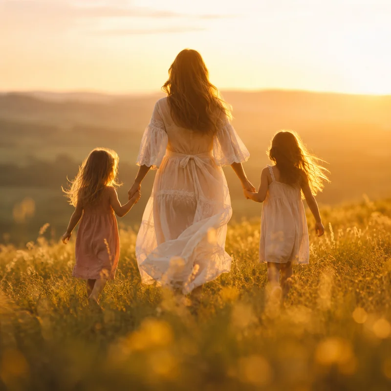 A woman in a white dress walks through a field at sunset, holding hands with two young girls in light dresses—a picture of family life reminiscent of the serene landscapes surrounding new land release Cambelltown, where Sydney homesites offer a beautiful setting for cherished memories.