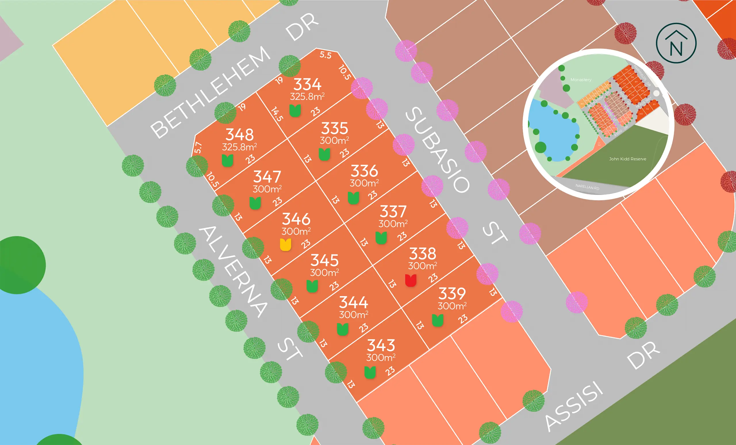 Map of a residential development showing numbered plots, street names, and a circular inset with a detailed site overview—including roads, greenery, and water features—showcasing Sydney homesites and highlighting the latest Campbelltown land for sale in this exciting new land release.