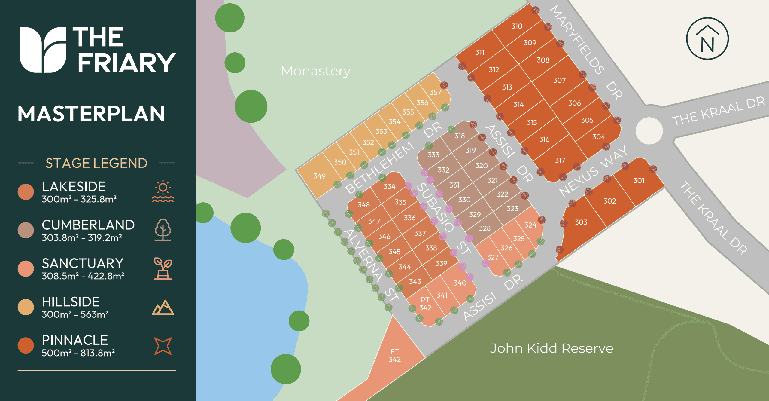 Masterplan map for The Friary residential estate, illustrating the new land release at Campbelltown with colour-coded land stages, street names, plot numbers, and proximity to a monastery and John Kidd Reserve.