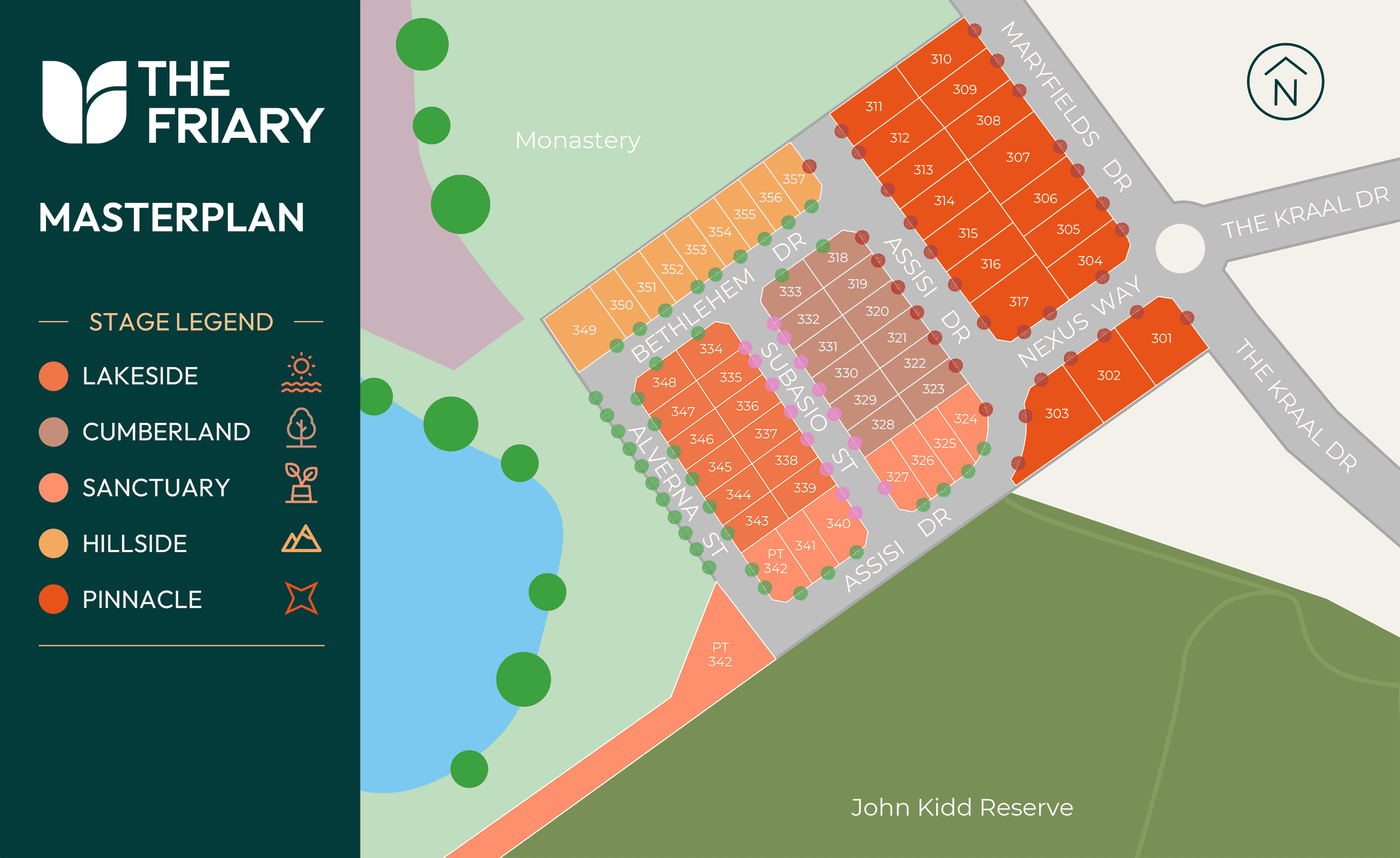 A colour-coded masterplan map of The Friary residential area shows plot numbers, stage legend, surrounding streets, a lake, and nearby green spaces, highlighting premium homesites within this exciting new land development.