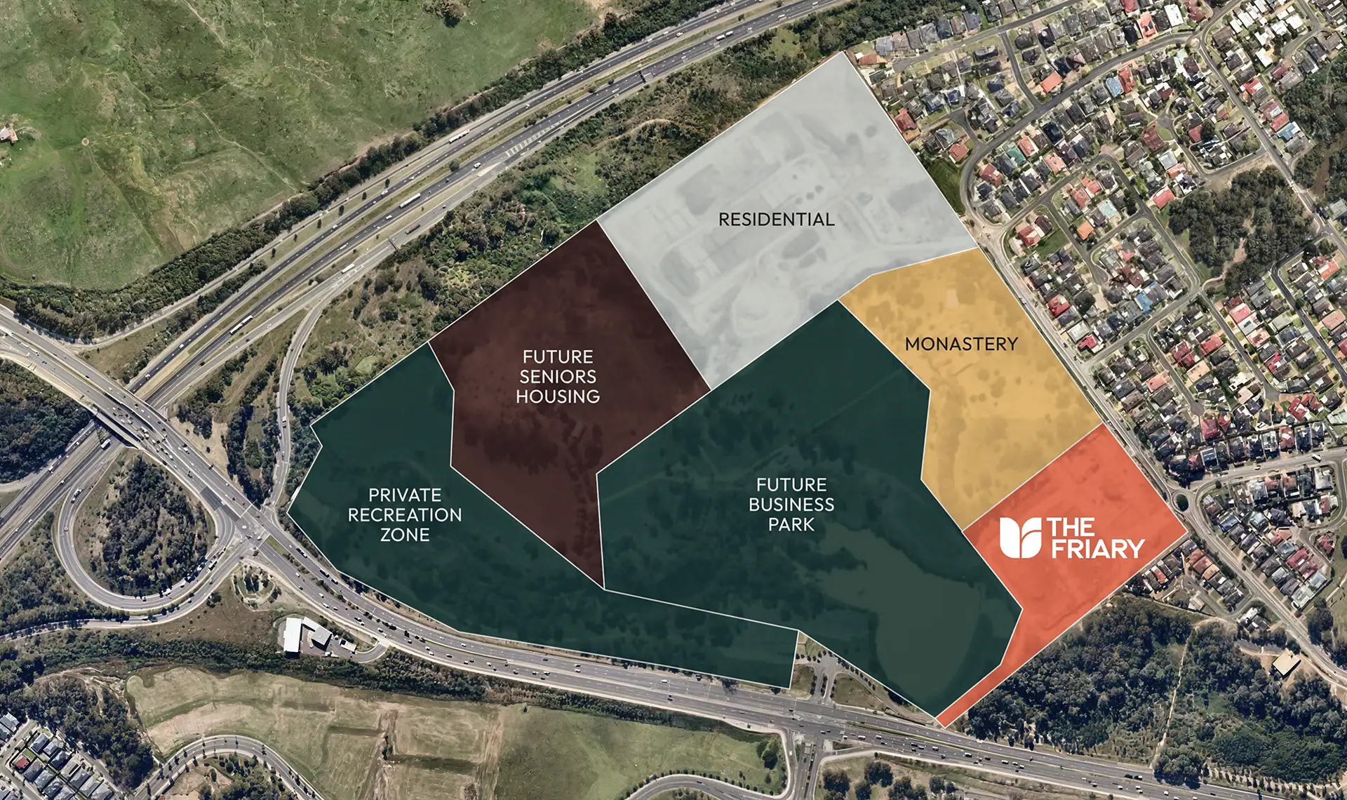 Aerial map showing designated zones: private recreation, future seniors’ housing, future business park, residential, monastery, and The Friary—all bordered by roads and residential areas—illustrating potential land release in Campbelltown and opportunities for Sydney homesites.